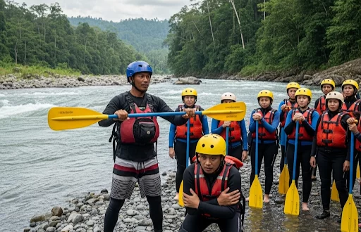 Seorang pemandu arung jeram sedang memberikan safety briefing kepada peserta tentang teknik dan keamanan rafting.