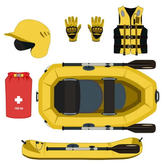 Peralatan keselamatan wajib untuk rafting: helm, pelampung PFD, dan dayung arung jeram standar internasional.
