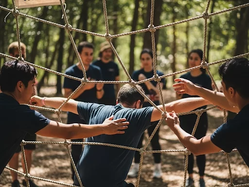 Peserta outbound bekerja sama melewati tantangan permainan Spider Web di Lembah Indah Malang, difasilitasi oleh First Outbound