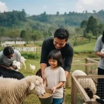 Pengunjung anak-anak berinteraksi dan memberi makan domba di area Edufarm Lembah Indah Malang