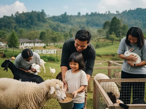Pengunjung anak-anak berinteraksi dan memberi makan domba di area Edufarm Lembah Indah Malang