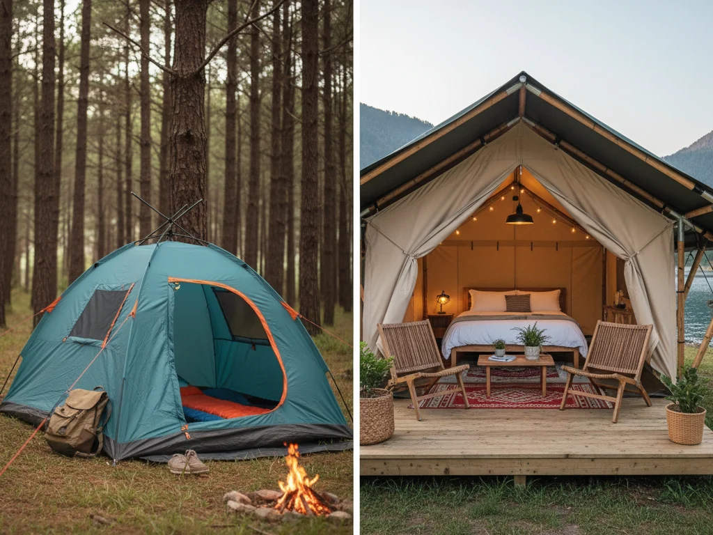 Perbandingan visual antara tenda camping tradisional yang sederhana dengan tenda glamping mewah yang luas dan nyaman.